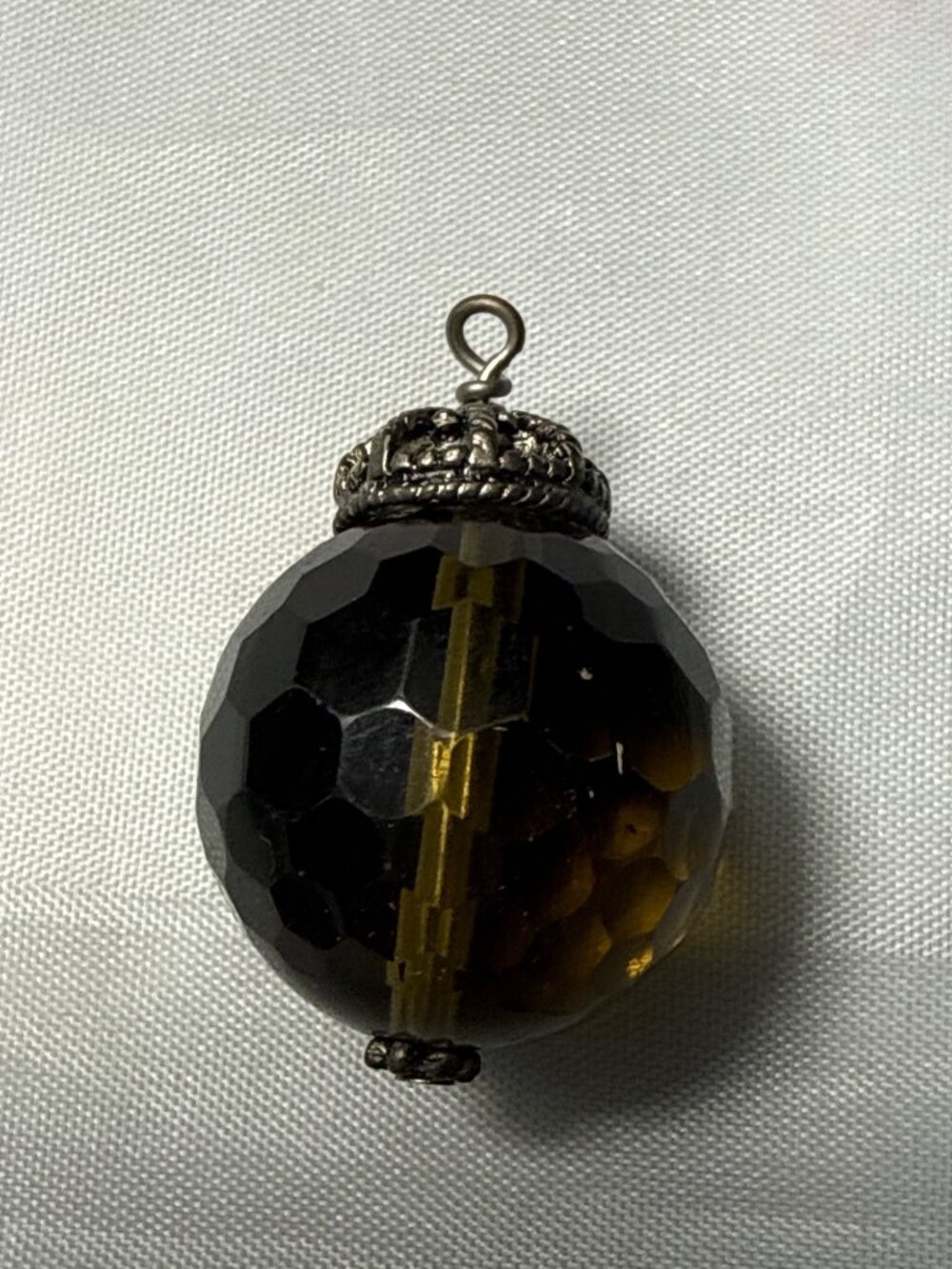 Vintage Faceted Smoky Quartz Ball Pendant Ornate Silver Cap Gothic Grunge